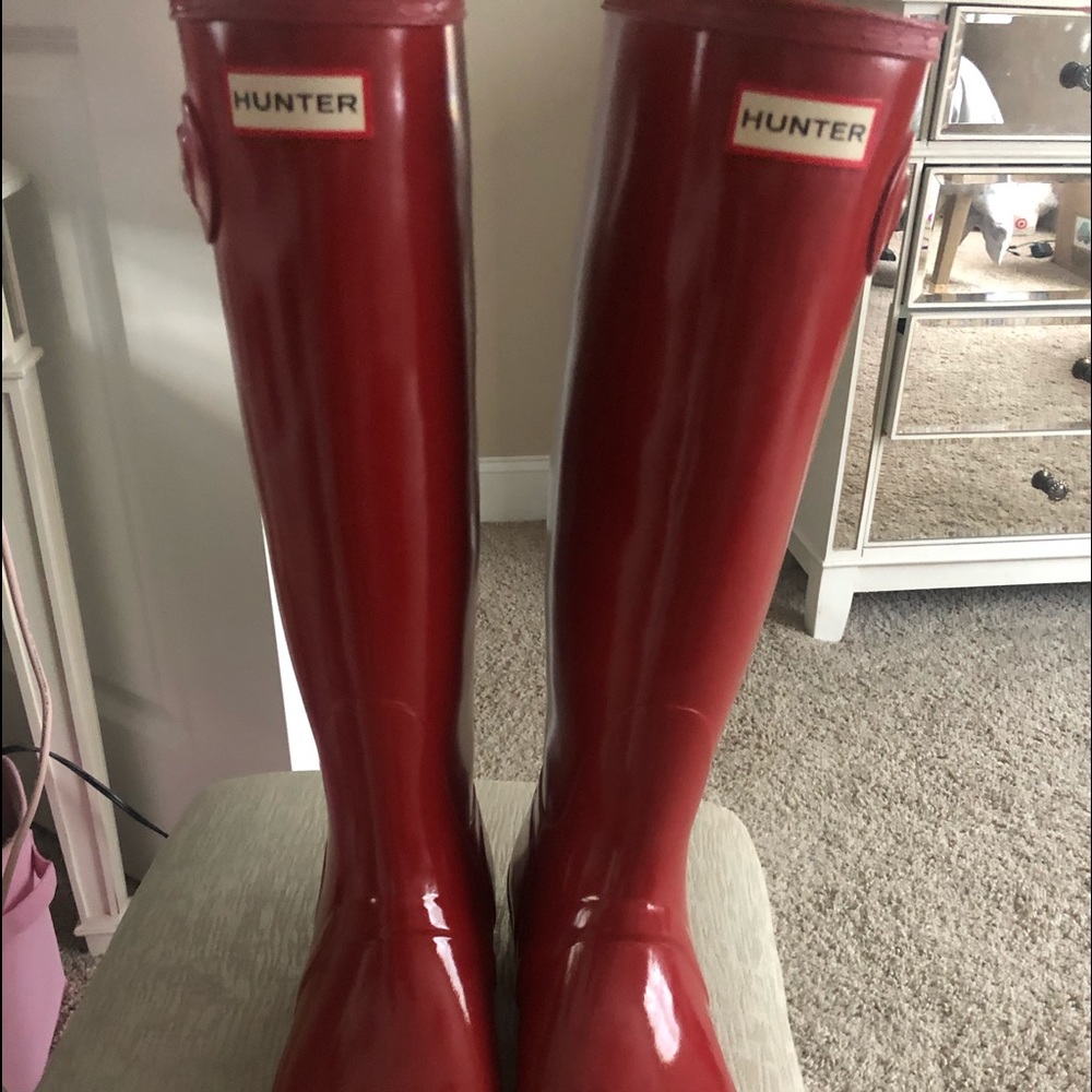 Tall red hunter boots glossy